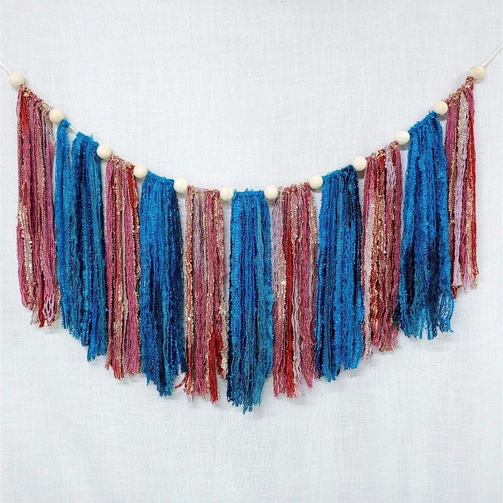 Boho Garland Wall Hanging Decor Wooden Beads Lace Ribbons Blue Pink Gold NEW